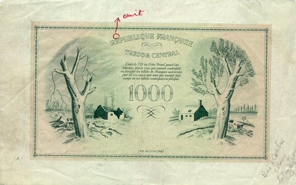 Обратная сторона банкноты Франции номиналом 1000 Франков