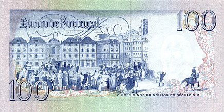 Обратная сторона банкноты Португалии номиналом 100 Эскудо