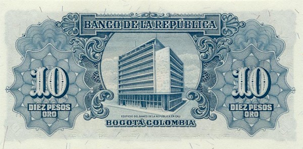 Обратная сторона банкноты Колумбии номиналом 10 Песо Оро