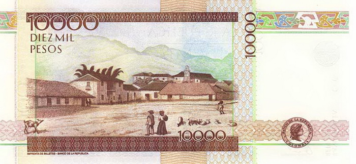Обратная сторона банкноты Колумбии номиналом 10000 Песо