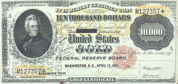 Лицевая сторона банкноты США номиналом 10000 Долларов